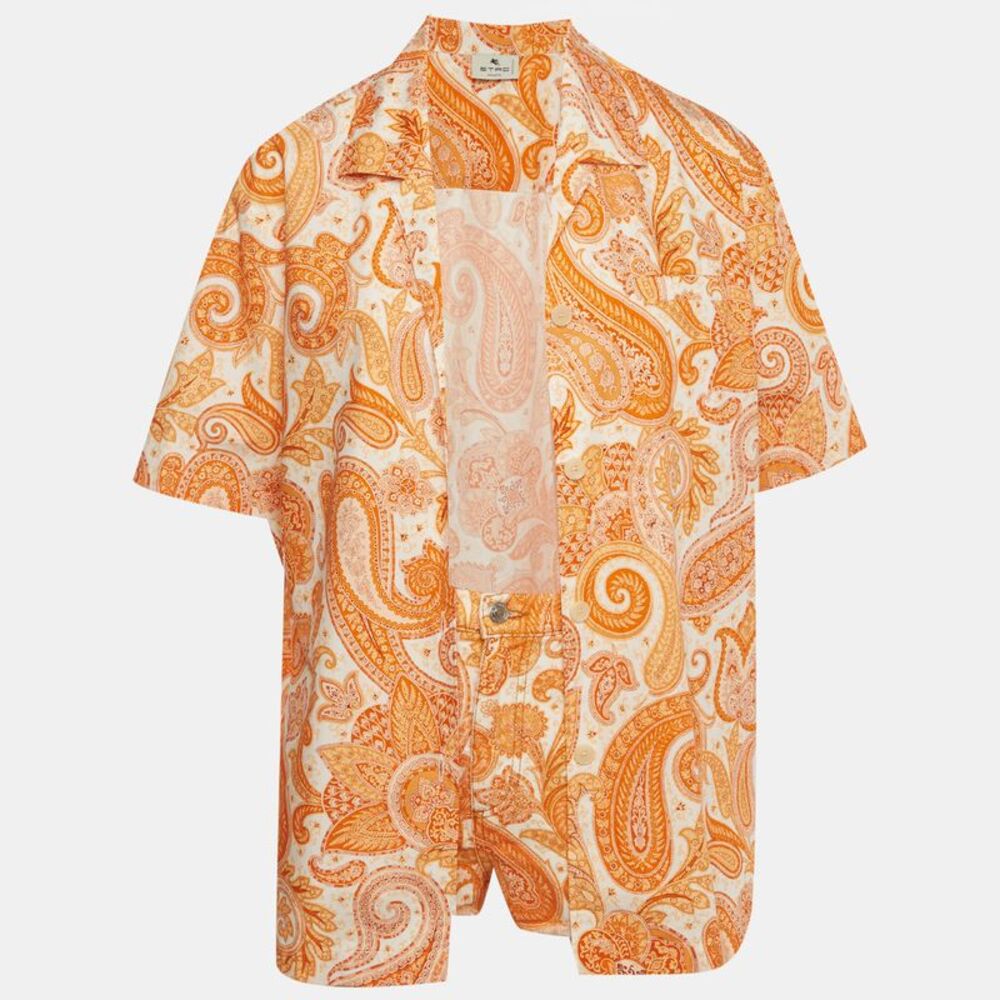 Etro Orange Paisley Cotton Shirt And Shorts Sets S